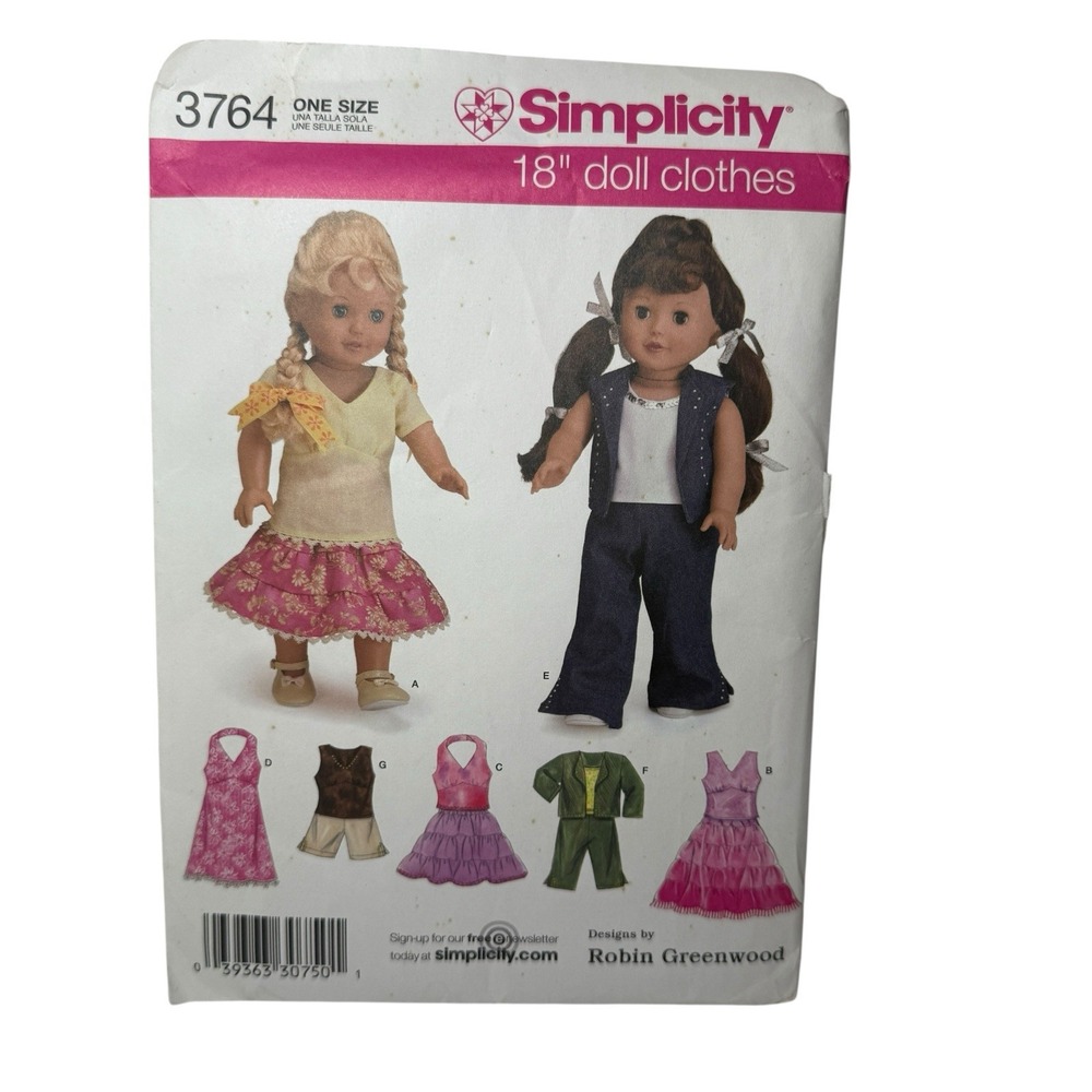 Simplicity 3764 Doll Clothes for 18" Dolls Lace Skirt Top‎ Pants UNCUT Pattern